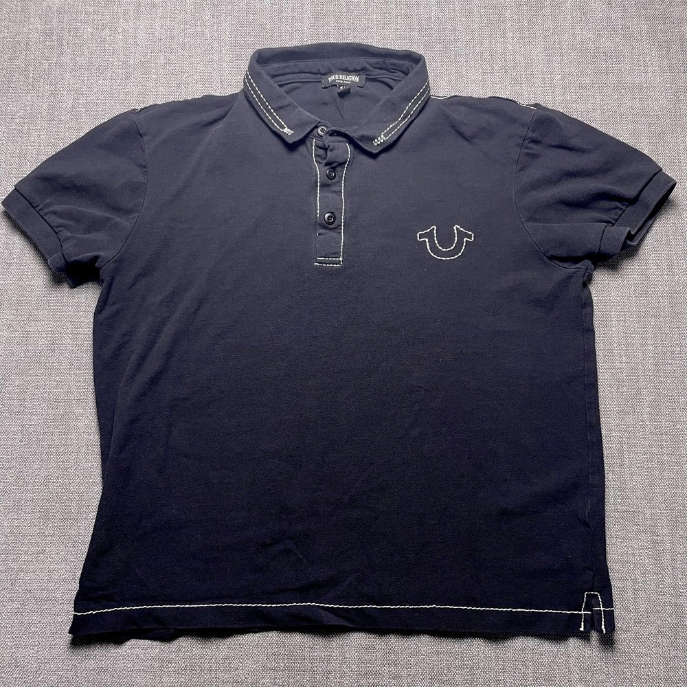 True Religion Mens Small Black Contrast Stitch Embroidered Logo Polo Shirt Golf